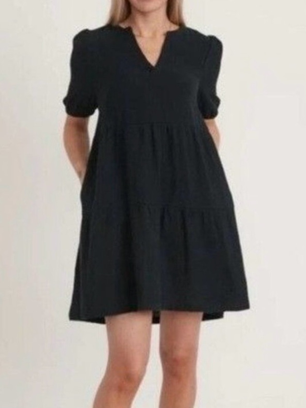 Marine Layer Jamie Mini Dress 100% Gauze Cotton Black Tiered Womens Size L 16143